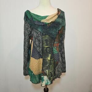 Feratelli Tunic Top XL Long Sleeve Asymmetrical Patchwork Boho Art to Wear Artsy